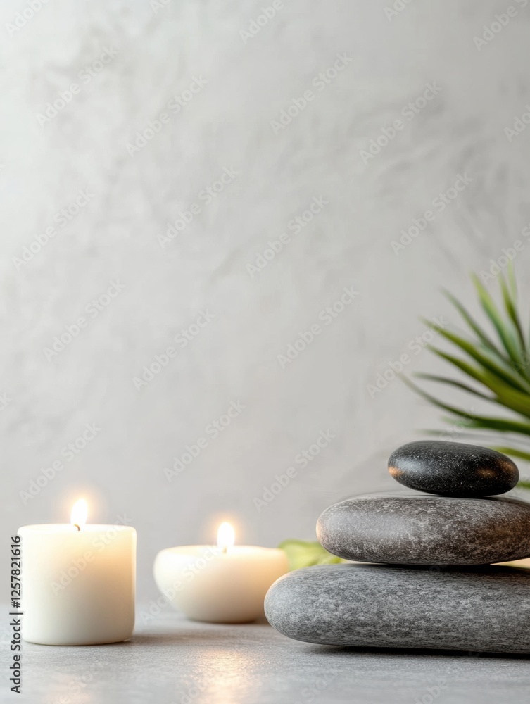 Poster relaxation with smooth massage stones and lit candles in a serene spa setting perfect for mindfulnes