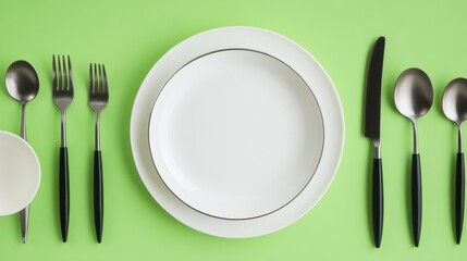 Elegant table setting, green background, dinnerware, place setting, food photography