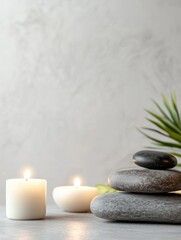 Relaxation with smooth massage stones and lit candles in a serene spa setting perfect for mindfulness and tranquility. Generative AI