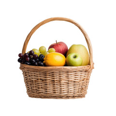 Basket filled with assorted fresh fruits on a white isolate background.