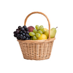 Basket of assorted fresh fruits isolated on a white background.