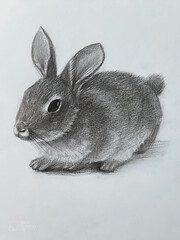 a pencil sketch of a rabbit, rendered in a realistic and detailed style. The rabbit is depicted in a side profile, facing to the left, and is positioned on a plain, light background.