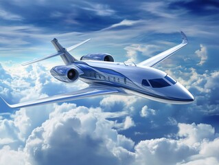 Obraz premium A sleek, modern airplane flies high in the sky, gliding seamlessly among fluffy clouds. The clean lines and shiny surface of the aircraft reflect the sunlight perfectly, emphasizing its elegance.