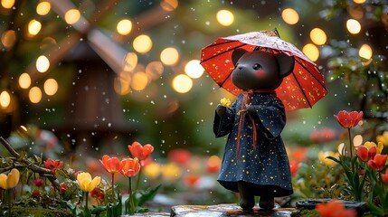 A whimsical mouse figurine with an umbrella stands in a vibrant garden during rain