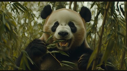 Obraz premium Panda eating bamboo in lush forest, wildlife documentary