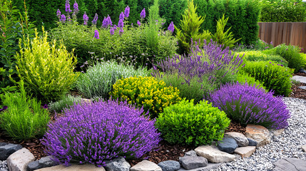 Obraz premium A garden with lavender and sage plants in the foreground, surrounded by green shrubs. The scene is captured from an eye-level perspective, showcasing vibrant purple flowers of salvia with their 