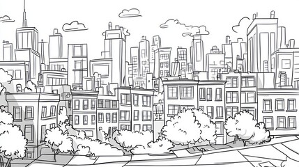 Fototapeta premium Cityscape skyline sketch, urban buildings, street view, background clouds, website banner
