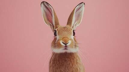 Fototapeta premium Cute brown bunny rabbit, pink background, Easter