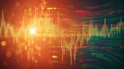 Dynamic abstract digital waveform with glowing lines and binary code background. Perfect for technology, innovation, and data analysis themes.