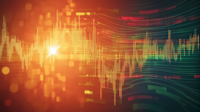 Dynamic abstract digital waveform with glowing lines and binary code background. Perfect for technology, innovation, and data analysis themes.