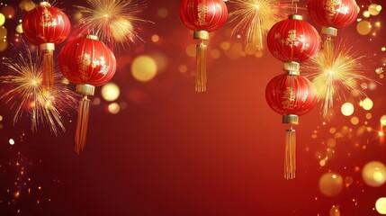 Festive Chinese background. New Year asian backdrop with gold fireworks. Red vector holiday banner