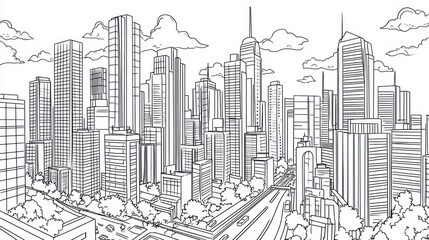 Cityscape drawing, urban landscape, highway, skyline, illustration, design, architecture, print