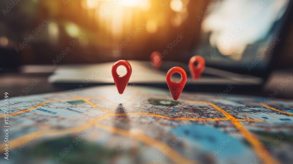 Poster technology and global connection concept. close up of digital map with location pins and laptop on b