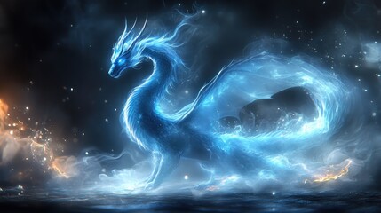 Blue fire dragon fantasy art, cosmic background