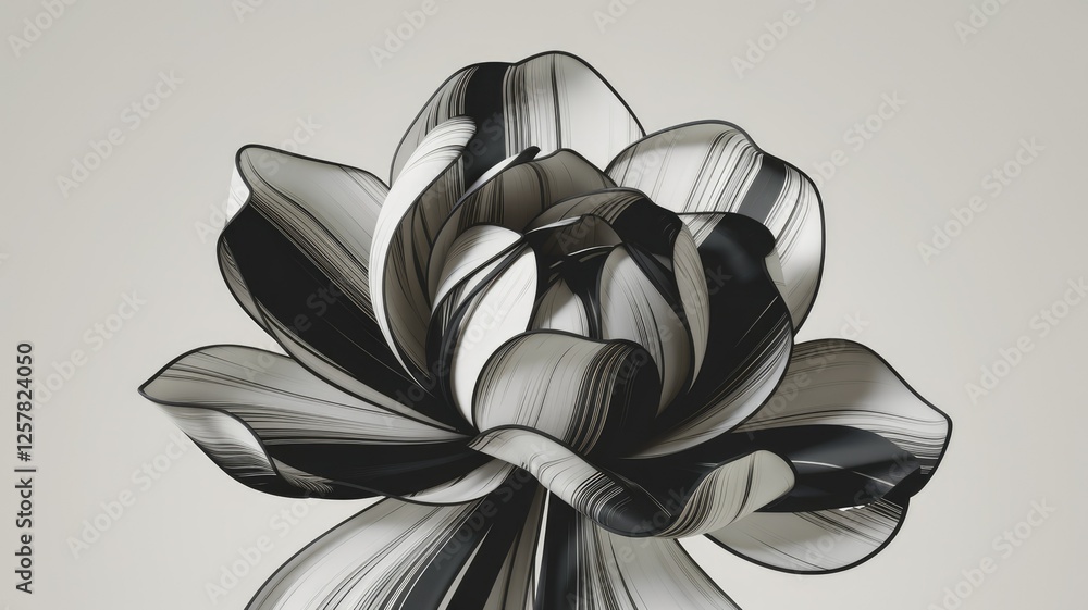 Poster abstract black and white stylized flower, digitally rendered with layered petals and sharp lines.