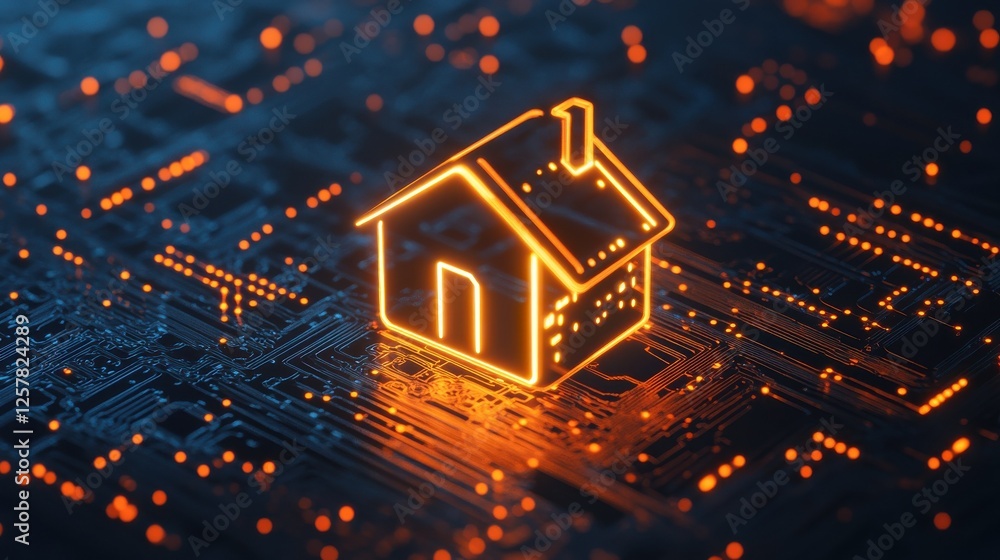 Poster smart system management and smart home technologies concept with glowing digital home icon surrounde