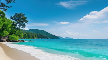 Fototapeta premium Scenic tropical beach with clear turquoise water, gentle waves, and lush green trees under a bright blue sky