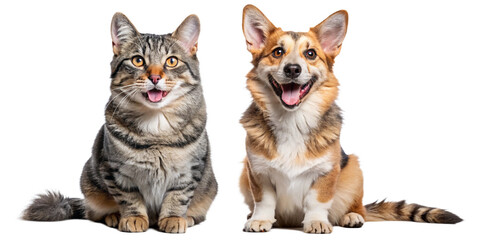 A happy dog and a content cat sitting together, smiling, isolated on a transparent background