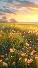 Obraz premium beautiful meadow wildflowers sunset golden glow orange pink sky peaceful scene