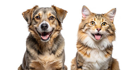 Fototapeta premium A happy dog and a content cat sitting together, smiling, isolated on a transparent background