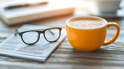 Coffee break, office desk, documents, glasses, sunlight
