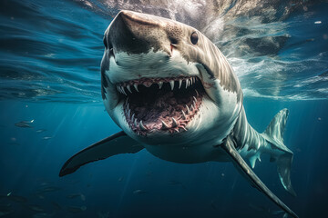 Obraz premium Large shark is swimming in the ocean with its mouth open. The shark is surrounded by other fish, some of which are swimming close to it. The scene is both beautiful and dangerous