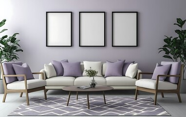 Lavender living room interior design, sofa, armchairs, plants