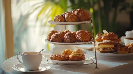 Delicious pastries and coffee on tiered stand.