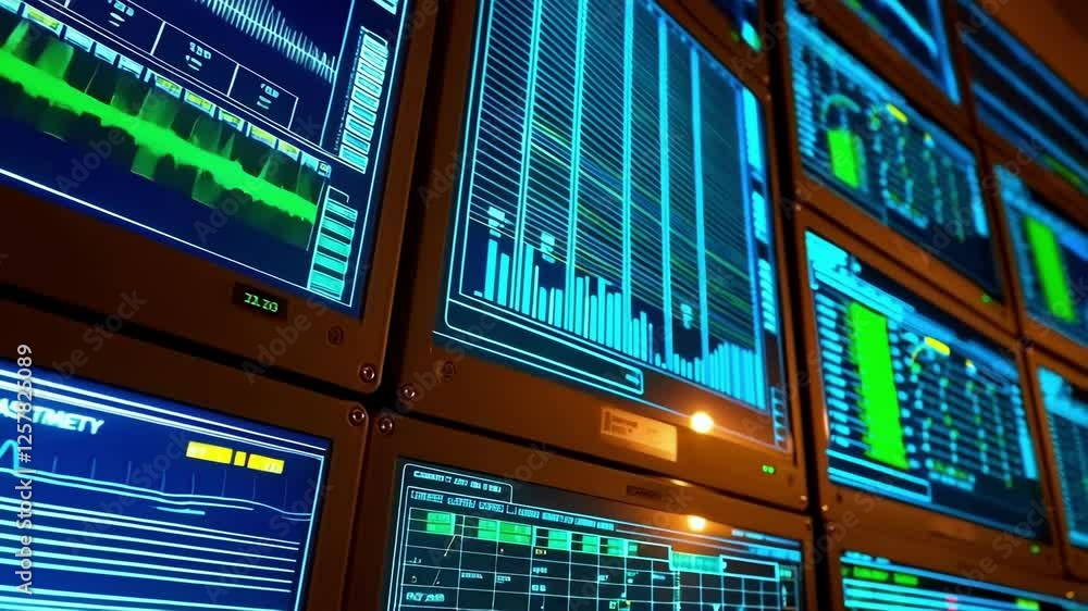 Poster several computer screens display real time data visualization and analysis related to a gas treaty, 