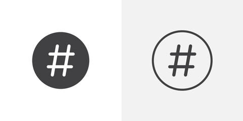 Hashtag icons vectors illustrations in black fill and liner versions