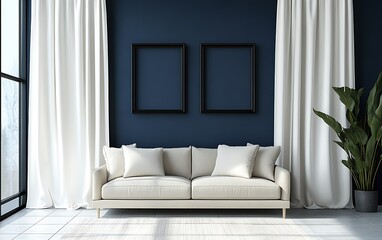 Modern living room, beige sofa, blue wall, empty frames, window view, interior design