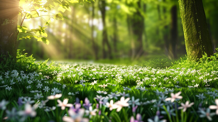 Obraz premium beautiful spring forest white flowers sunlight rays trees blooming meadow panoramic banner
