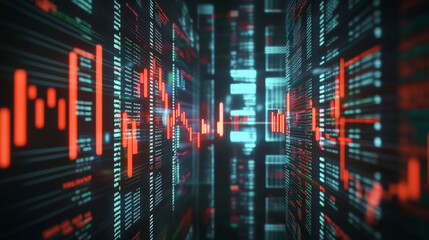 Dynamic digital data visualization displaying real-time analytics, financial trends, and stock market fluctuations on a high-tech screen interface.