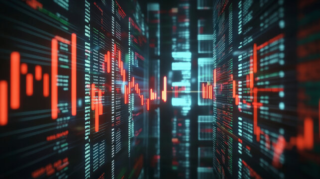 Dynamic digital data visualization displaying real-time analytics, financial trends, and stock market fluctuations on a high-tech screen interface.