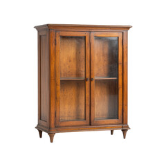 Elegant vintage wooden cabinet with glass doors, isolated on white background.