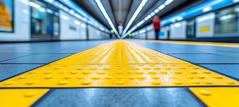 Subway Station Platform With Yellow Tactile Paving For Visually Impaired, Stock Photo