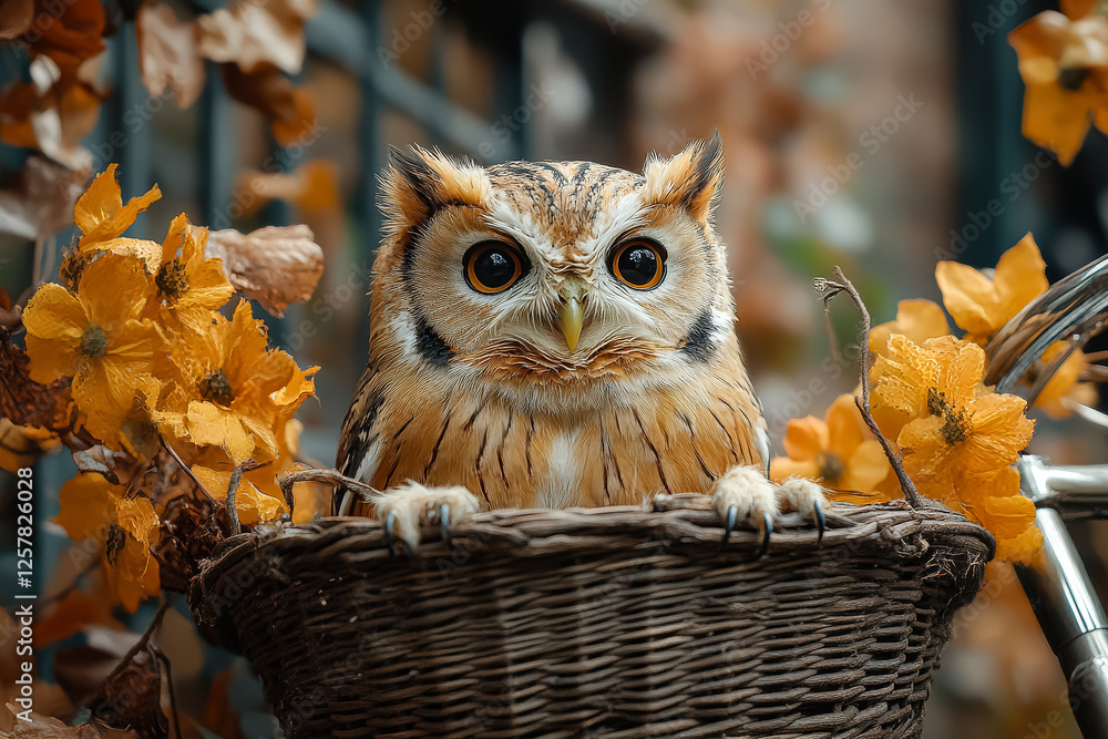Poster white owl is sitting on a basket of fruit. the basket is filled with oranges and apples. the owl is 