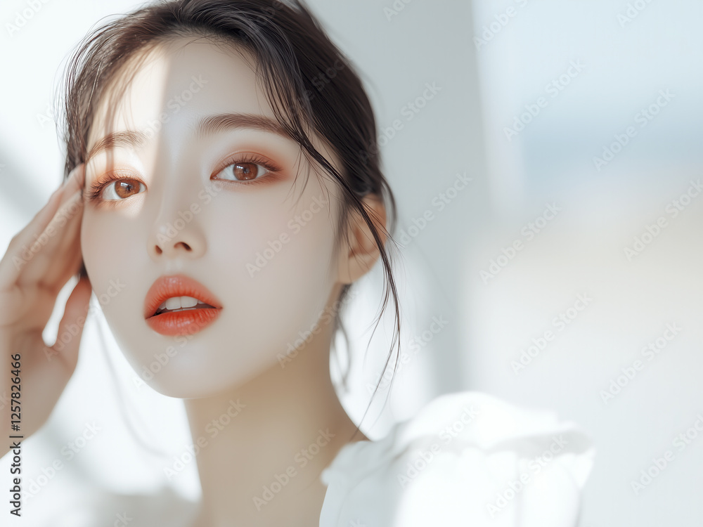 Poster 美肌の若くて可愛いアジア女性モデルの美容ポートレート。明るい日差しが当たって際立つ美しさ。