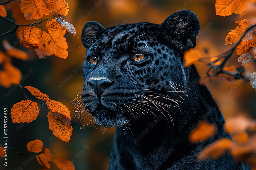 Poster black panther is staring at the camera with its eyes wide open. the image has a moody and intense fe