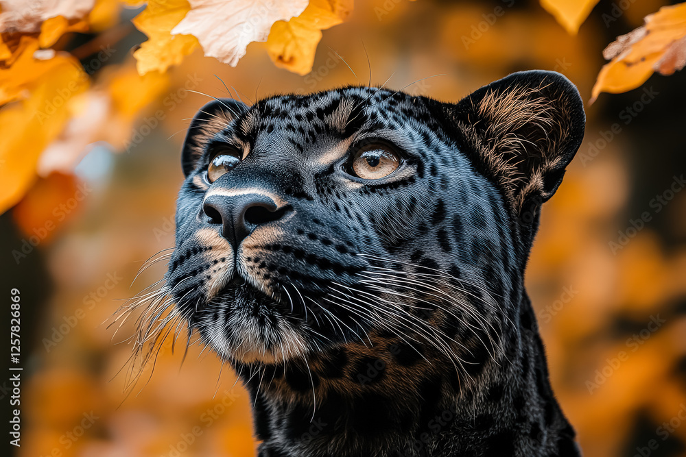 Poster black panther is staring at the camera with its eyes wide open. the image has a moody and intense fe