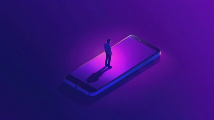 Developer working on web app on smartphone, user offline, tiny people. Progressive web app, working offline web, PWA application development concept. Bright vibrant violet vector isolated illustratio