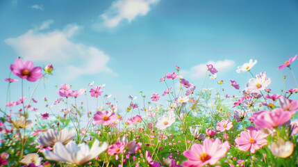 spring meadow blooming flowers blue sky pink white cosmos nature landscape
