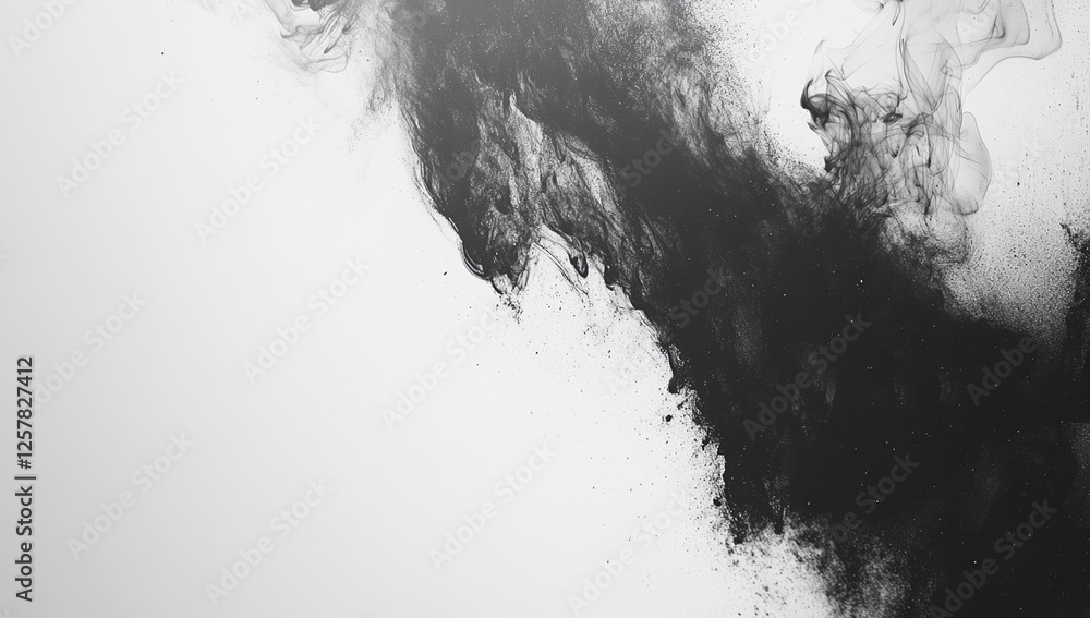 Poster abstract black ink explodes and spreads elegantly across white background in slow motion, creating s