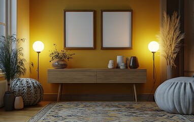 Cozy living room interior design, yellow wall, mockups, floor lamp