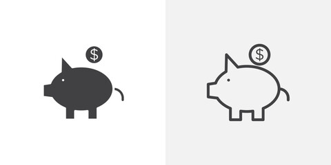 Piggy bank icons vectors illustrations in black fill and liner versions