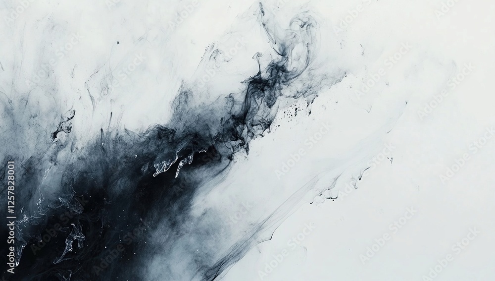 Poster abstract ink swirls: fluid dynamics in dark blue hues on white, creating a mesmerizing visual art