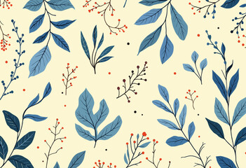 Various stylized leaves and berries in shades of blue, red, and green, arranged in a repeating design. Vector patterns, random pattern