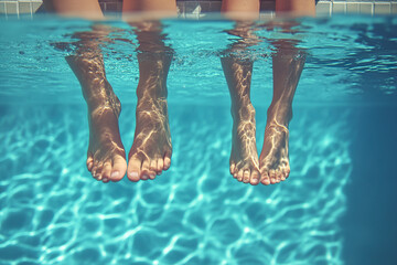 Legs of young couple under water in swimming pool. Concept of rest and vacation. Clear transparent blue water.