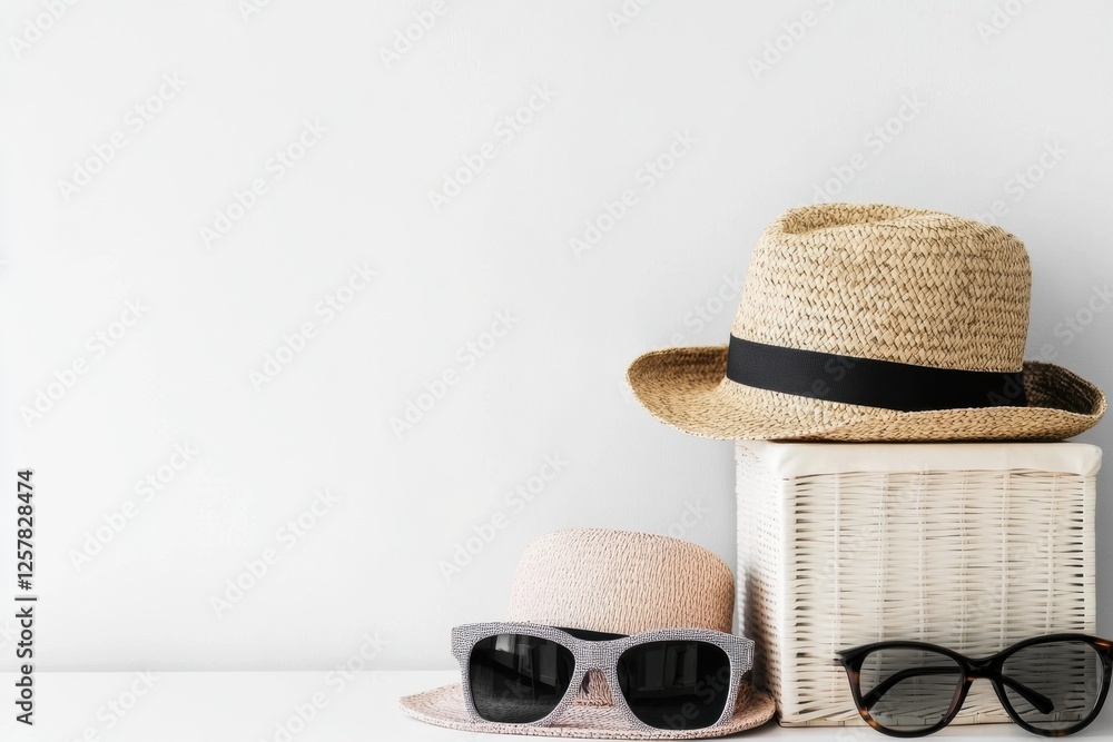 Poster stylish accessories displayed in boxes with hats and sunglasses on a minimalist background for creat