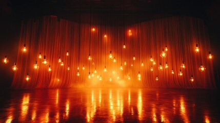 Fototapeta premium Warm light bulbs, hanging behind sheer drapes, dark interior, reflected on polished floor